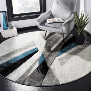 Ковер SAFAVIEH, 201 x 201 см, Hollywood Collection, круглый, Grey & Teal, дизайн в стиле Mid-Century Modern, без ворсоотделения и простой в уходе, идеален для помещений с высокой проходимостью в гостиной, спальне (HLW710D)
