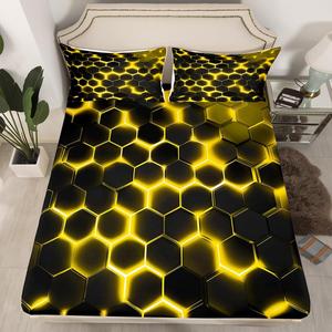 Erosebridal Комплект постельного белья Yellow Black Geometric Neon Hexagon Honeycomb Modern Bedding Set Geometrical Beehive, Geometric 10