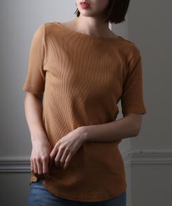 Хлопковая ребристая футболка с вырезом-лодочкой, аккуратный крой, блузка с короткими рукавами Pourvous, цвет Beige