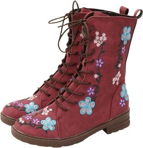 Женские ретро-ботинки с цветочным принтом, шнуровкой и массивным каблуком средней высоты, кожаные, с боковой молнией, удобные с круглым носком, повседневные Kvotuu, красный