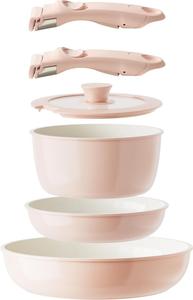 Набор керамических кастрюль и сковородок Redchef с антипригарным покрытием и съемными ручками, 6 предметов, розовый
