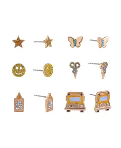 Набор из 6 сережек-гвоздиков в школьной тематике Hallmark, yellow