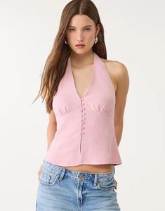 Топ Stradivarius из льняной смеси с завязками на шее и пуговицами пастельно-розового цвета