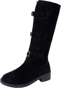 Женские высокие ботинки до колена, повседневная мода, однотонные, с массивным низким каблуком, сапоги для верховой езды с ремешком и пряжкой, зимние длинные ботильоны Generic, Black