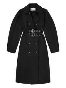 Двубортное пальто с поясом Ganni, черный