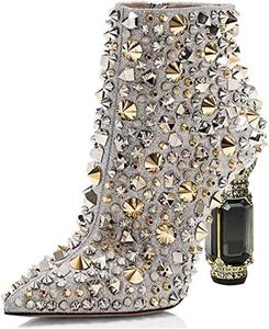 Женские ботильоны FSJ с острым носком, кристаллами, массивным каблуком и боковой молнией, блестящие, повседневные, модные, осенние, размеры US 4-15, Silver Rivets