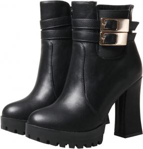 Женские ботильоны Uniquelly на высоком каблуке с круглым носком, пряжкой, квадратным каблуком, боковой молнией, короткие ботинки, винтажная зимняя обувь, Black