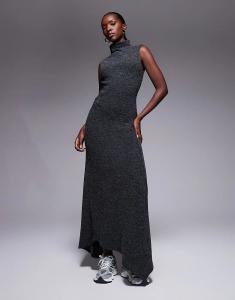 Платье макси ASOS DESIGN с высоким воротом и асимметричным подолом в рубчик