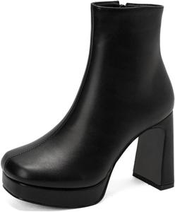 Женские ботинки мода с квадратным носком, массивным высоким каблуком, эластичные ботинки до щиколотки с боковой молнией, средние по голени, повседневные ботинки KYOESCAI, Black 1