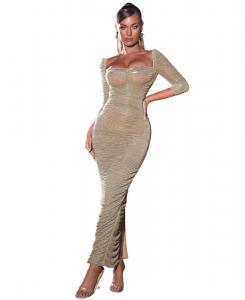 Женское длинное макси-платье из шифона золотистого цвета с драпировкой Miss Circle, Gold