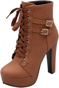 Женские высокие ботинки на каблуке с шнуровкой - модные, с резиновой подошвой Fusecottc, Brown