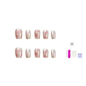 ORANOT Маникюрные накладные ногти Gilded Small Cherry Blossom New Chinese Style Cat Eye короткие лесенка розовый размытие 16мм