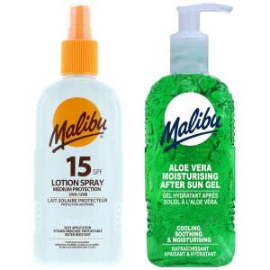 Водостойкий спрей Malibu SPF15 200 мл + Гель после загара с алоэ 200 мл