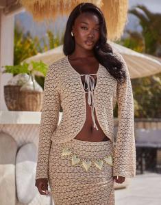 Пляжный топ South Beach Popcorn с завязками спереди и длинными рукавами бежевого цвета