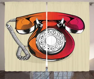 Штора ABAKUHAUS красная в деревенском стиле, классический ретро-телефон, универсальные ленточные шторы для гостиной с петлями и крючками, 280 х 245 см, красно-бежевый цвет Abakuhaus