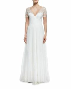 Свадебное платье А-силуэта из кружева и тюля с пайетками и плиссировкой белого цвета Marchesa