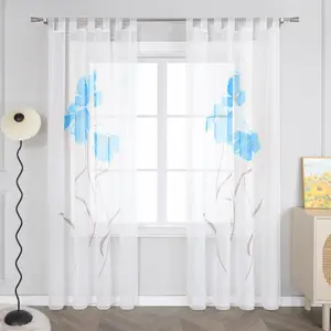 Штора Joyswahl с петлями, вуаль, современные шторы, оконные панели с цветами, нанесенными вручную, прозрачная, для спальни, гостиной, синяя, В x Ш 145 x 150 см, 1 шт.