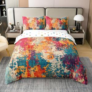 Erosebridal Хлопковый комплект постельного белья Modern Abstract Duvet Cover с винтажным омбре принтом в стиле минимализм, Red Orange Blue
