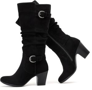 Женские свободные сапоги до колена с массивным каблуком, заостренным носком, удобные и модные осенне-зимние сапоги для женщин. Ruiee, Black Mf 301