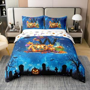 Erosebridal Персонализированный комплект постельного белья с монограммой W, хлопок 100%, тематика Хэллоуин с тыквами и летучими мышами, Black Blue W