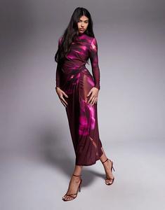 Эксклюзивное платье макси Daska с высоким воротом и фиолетовым цветочным принтом