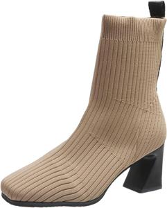 Generic Женские модные вязаные сапоги-стрейч, толстые однотонные мягкие ботильоны, ботинки широкого размера, узкие сапоги средней длины, обувь больших размеров на высоком каблуке (6 UK хаки)