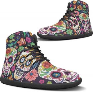 Женские ботинки без каблука зимой с широкой носочной частью, утепленные, для прогулок, уличные, противоскользящие, на щиколотку Pugasmiru, Colorful Flowers Skull Pattern