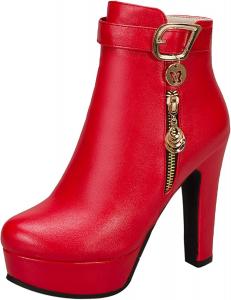 Женские ботильоны на платформе с каблуком, круглым носком и пряжкой Renessmi, Red 1