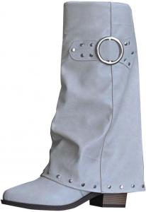 Женские сапоги Women Shark с отворотом, заклепками и пряжкой, средний голень, ковбойские, на массивном каблуке, с заостренным носком, зимние, для платьев, вестерн, для верховой езды и байкеров Generic, White