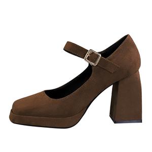 QITUMAUL Туфли Мэри Джейн на массивном каблуке 9 см женские тёмно-коричневые, цвет Dark Brown[Heel Height 9cm]