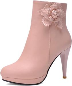Женские ботильоны с круглым носком и цветочным декором на высоком каблуке, платформе, с молнией, элегантные короткие ботинки JOEUSTY, Pink-Velvet Lined