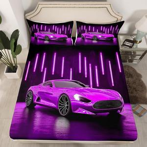 Erosebridal Комплект постельного белья с принтом спортивных автомобилей и неоновой подсветкой в фиолетовых тонах, Multi 20
