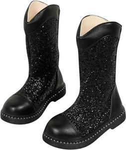 Девочковые модные сапоги до середины икры с блестками и сверкающими элементами, боевые ботинки с задней молнией, комфортные сапоги на осень и зиму из искусственной кожи Generic, Black