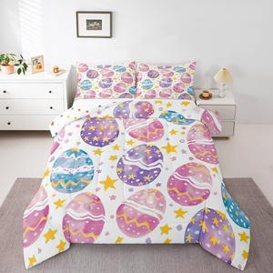 Erosebridal Комплект постельного белья Happy Easter с красочным принтом пасхальных яиц и звезд в желтых тонах, кавай дизайн, Pink Yellow Purple