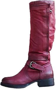 Сапоги oiangi для женщин выше колена - модные с пряжкой, боковая молния, массивный низкий каблук, круглый носок, высокие сапоги, однотонные, повседневные, удобные туфли с квадратным каблуком, Red