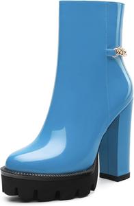 Женские ботильоны с высокой массивной платформой и круглым носком, короткие ботинки на каблуке с цепочкой на щиколотке 4,7 дюйма, обувь для работы, улицы и банкета. CDXJHYMY, Sky Blue Patent