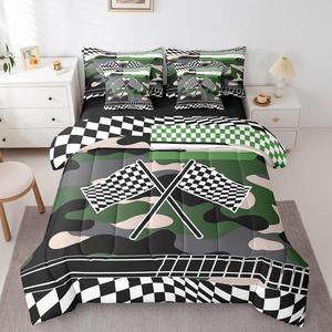 Erosebridal Комплект постельного белья Race Car с камуфляжным принтом гоночных флагов зеленого цвета, Green