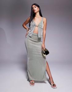 Юбка макси Missyempire с блестками и разрезами по бокам, цвет хаки