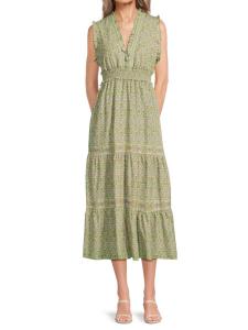 Платье миди без рукавов с V-образным вырезом и сборками Max Studio, цвет Light Green Multi