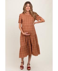 Платье для беременных в ржаво-коричневую клетку с короткими рукавами, ярусное Pinkblush, Rust