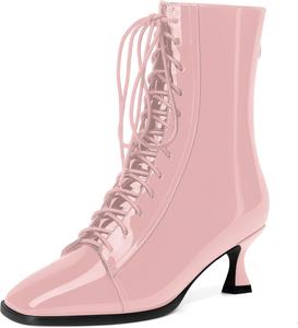 Женские ботинки MODENCOCO с квадратным носком, на молнии, шнуровке, из лакированной кожи, с низким каблуком-китен, высоким голенищем, 5 см, Pink