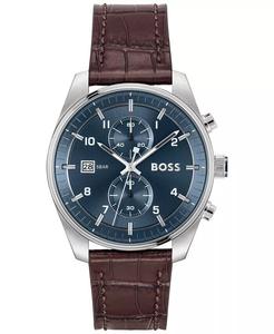 Мужские кварцевые модные часы Sky Traveler Chrono коричневые из кожи крокодила 44 мм Hugo Boss