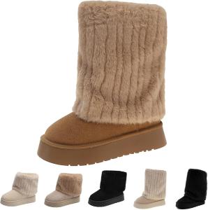 Женские зимние сапоги из искусственного меха до середины голени - круглый носок, замшевые, с теплой меховой подкладкой, платформой, плоские, удобные, для улицы, модные зимние сапоги Gezolligheid, Gbrown