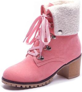 Женские ботильоны VOKLIN с кружевной шнуровкой, круглым носком и манжетой, на грубом среднем каблуке с меховой отделкой, короткие нарядные ботинки, Pink