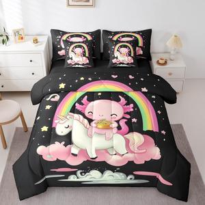 Erosebridal Комплект постельного белья Unicorn Axolotl с радужным принтом звезд и сердец из мягкого полиэстера для всесезонного использования, Pink,white,black,yellow,green