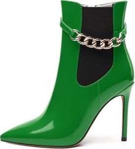 Женские ботильоны, короткие ботинки с высоким каблуком и заостренным носком, боковая молния, модный ремешок с цепочкой RLYGHWAO, Green Patent