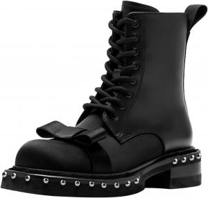 Женские ботинки FSJ с заклепками, низкий каблук, боевые ботинки до щиколотки, шнуровка, боковая молния, закрытый носок, милый бант, толстый каблук, размеры US 4-16, Black