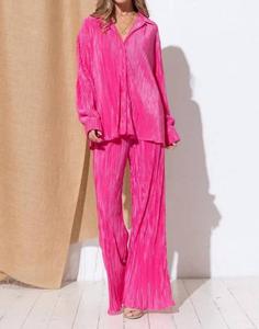 Аккордеон мини плиссе длинная блузка и комплект с брюками в розовом Blue B