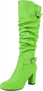 Женские высокие сапоги Zamikoo на толстом каблуке, с расслабленным верхом, до колена, округлый носок, металлическая пряжка, боковая молния, высокий каблук 3,5 дюйма, Matte Grass-Green