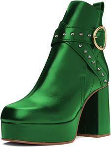 Женские ботильоны YDN с круглым носком, на застежке с ремешком, с заклепками, на высоком блочном каблуке, зимние ботинки, размеры 4-15 US, Green